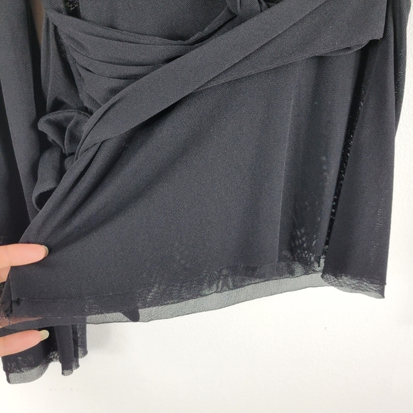 Maeve Y2K Sheer Nylon Mesh Belted Knot Front Long Sleeve Deep V Neck Blouse - Picture 7 of 8